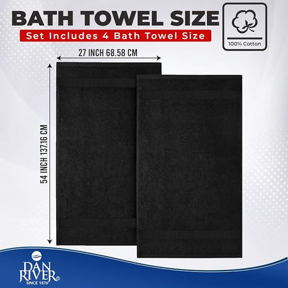 DAN RIVER 600 GSM Cotton Large Bath Towels Set of 4, 27 x 54 Inches, Black | Larger & Lighter Weight Towels for Bathroom - Highly Absorbent & Quick Dry 100% Cotton Bath Towel Set for Home, Spa & Hotel