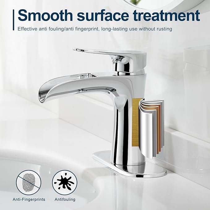 VOTON Chrome Bathroom Faucets Single Handle Waterfall Sink Faucet One Hole or Three Holes with Deck Mount Vanity Farmhouse RV Vessel Basin Faucet
