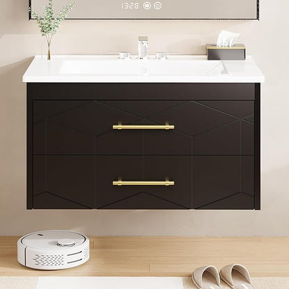 Garvee 30" Bathroom Vanity with Sink, Floating Bathroom Vanity with Ceramic Basin, 2 Large Storage Drawers with Gold Metal Handle, Modern Wall Mounted Bathroom Cabinet with Sink, Black