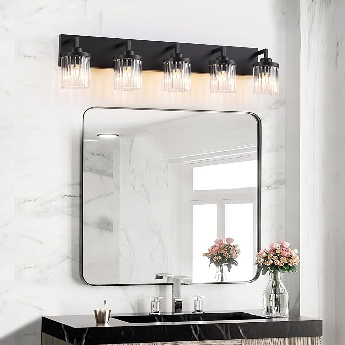 5-Light Black Bathroom Vanity Light, Crystal Glass Shades | Modern Wall Lighting Fixtures Over Mirror, for Bathroom, Matte Black Finish, Rust-resistant Metal, Farmhouse Industrial Style