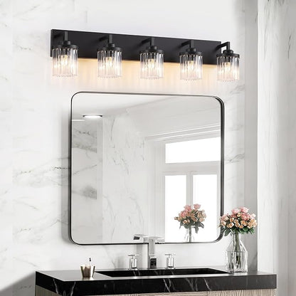 5-Light Black Bathroom Vanity Light, Crystal Glass Shades | Modern Wall Lighting Fixtures Over Mirror, for Bathroom, Matte Black Finish, Rust-resistant Metal, Farmhouse Industrial Style