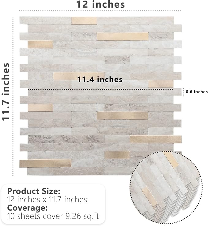 STICKGOO Peel and Stick Backsplash, PVC Wall Tiles Stick on Backsplash for Kitchen(1 Sheet, Beige with Metal Gold)