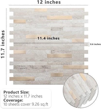 STICKGOO Peel and Stick Backsplash, PVC Wall Tiles Stick on Backsplash for Kitchen(1 Sheet, Beige with Metal Gold)