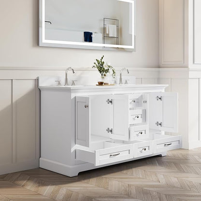 WELLFOR 60" Bathroom Vanity with Double Sinks, Bathroom Freestanding Vanity W/4 Soft-Close Doors and 6 Drawers, Large Storage Space Vanity, Engineered Stone Countertop Bathroom Vanity with Sink, White