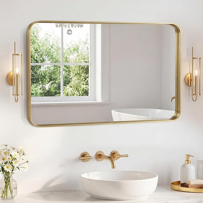 Sweetcrispy Bathroom Mirror 48x32 Inch, Vanity Mirror for Wall | Metal Framed Rounded Rectangle, Over Sink, Farmhouse Restroom, Anti-Rust, Horizontal or Vertical Hanging, Gold