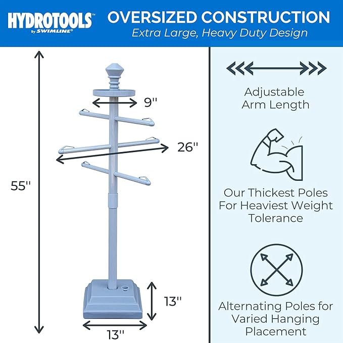 Swimline HYDROTOOLS 89033 Premium Free Standing Poolside Valet Towel Rack Adjustable with Water Weighted Base Three Arms Secure Clips for Outdoors & Indoors Pool Patio Poolside Holder Drying Stand | Holds towels plus goggles and gear on integrated lock...