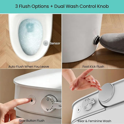 R&T W5203-2 Tankless Smart Toilet Touchless Auto Flush 1.1/1.6 GPF Dual Flush, Battery-Operated One-Piece Intelligent Toilet for Bathroom, Foot Kick & Manual, Non-Electric Bidet