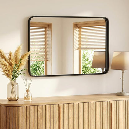 40x30 Inch Bathroom Mirror for Over Sink, Vanity Mirror | Metal Framed Rounded Rectangle,for Wall, Farmhouse, Restroom, Anti-Rust, Horizontal or Vertical Hanging, Black