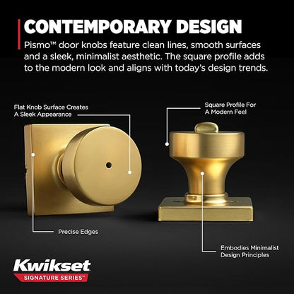 Kwikset Pismo Interior Privacy Door Knob with Lock, Door Handle for Bathroom and Bedroom, Satin Brass, Square, Keyless Turn Lock Doorknob, Microban Protection (Pack of 10)
