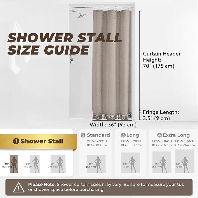 Linen Shower Curtain Boho Taupe Shower Curtain with Tassels 36"W x 72"L | Thick linen-poly blend, soft textured drape, handcrafted fringe, neutral rustic farmhouse bathroom decor