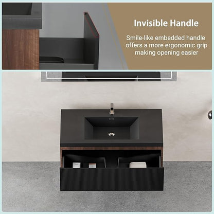 Wall Mounted Bathroom Sink Vanity, Modern 36" Floating Vanity with Resin Top Basin Sink and U-Shaped Soft-Close Storage Drawer, Striped Bathroom Storage Cabinet with Invisible Handle, Black