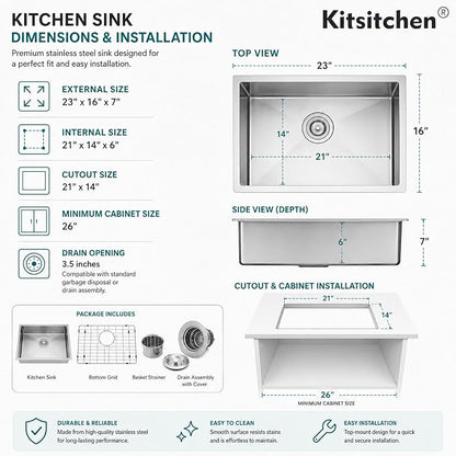 Kitsitchen RV Kitchen Sink,16 Gauge T304 Stainless Steel Undermount Kitchen Sinks, 23" x 16" x 7" Single Bowl Drop In Kitchen Sinks with Accessories,7 inch Deep for Outdoor Camper RV Sink
