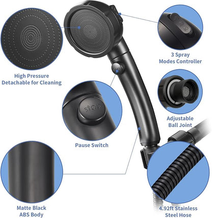 SINGSUO High Pressure Handheld Shower Head with On Off Switch (Black) | Detachable Shower Head, 3 Spray Modes Shower Massager Handheld with Hose and Adjustable Angle Bracket