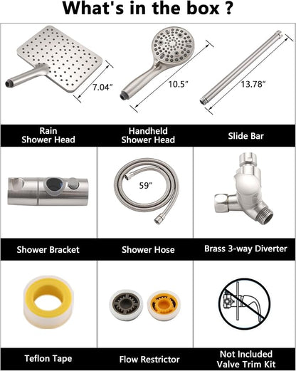 PDPBath High Pressure Rainfall Shower Head with Handheld Combo, Height Adjustable Dual Handheld Shower Head Combo with Slide Bar for Easy Reach, Brushed Nickel