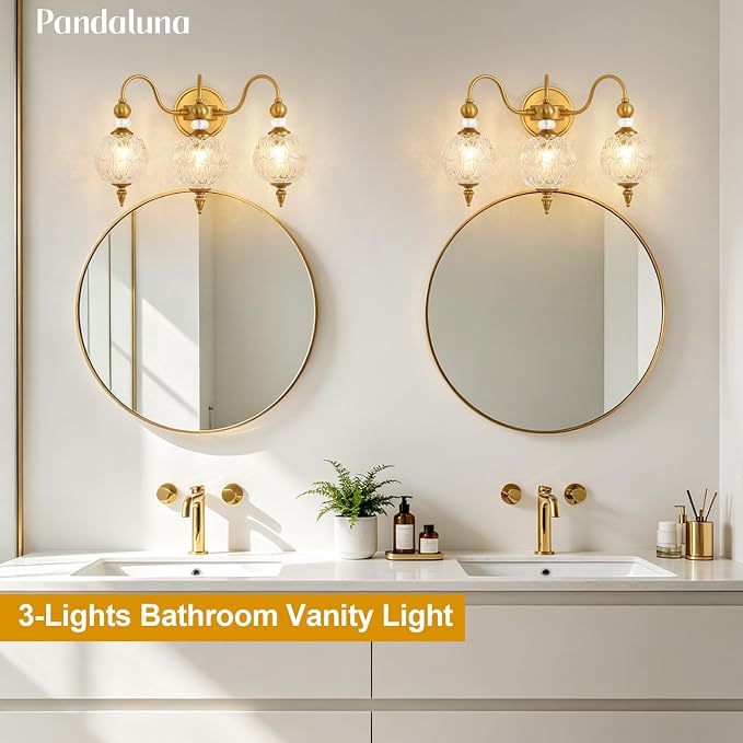 Vintage 3-Light Bathroom Vanity Light Over Mirror, Matte Brass | 18.7in Wide Farmhouse Bathroom Decor, Ribbed Glass Shades, G9 base, Wall Mounted, Mid Century Wall Sconces Vanity Lighting