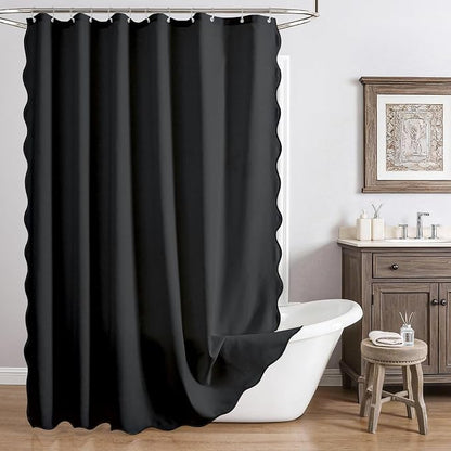 Linen Scallop Shower Curtain with 12 Clear Hooks, Waterproof, 72x72, Black | Waterproof Heavy Duty Thick Fabric with Black Border, Minimalist Neutral Boho Farmhouse Bathroom Décor
