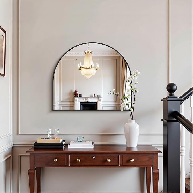 COFENY Arched Mirror, 28’’x24’’ Wide Black Arch Mirrors for Bathroom Sink, Bathroom Vanity Mirror with Metal Frame, Modern Wall Mounted Mirror for Bedroom Living Room Mantle Entryway
