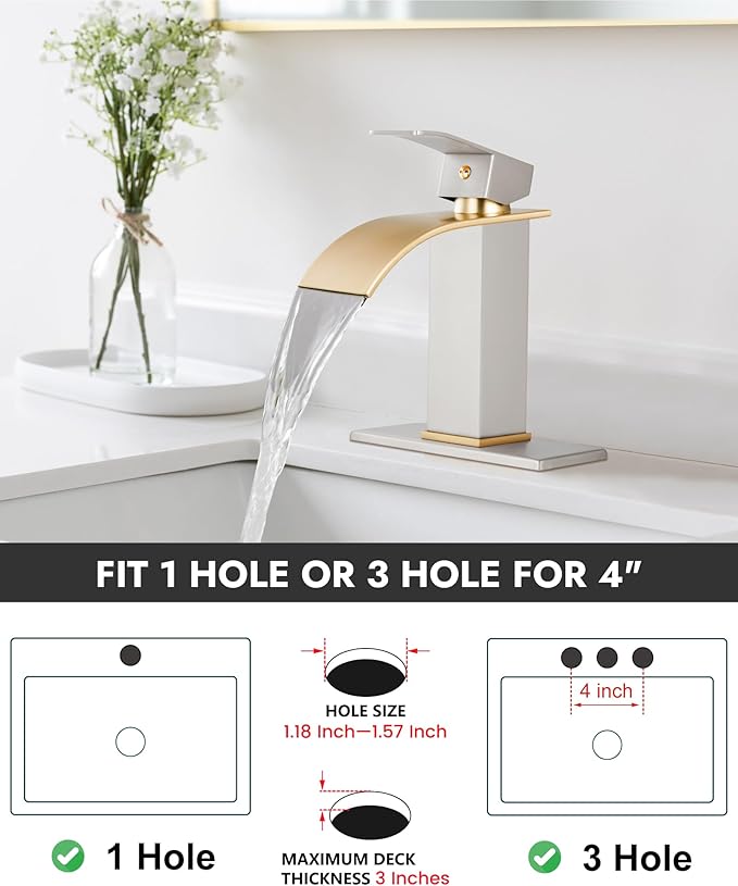 Midanya Bathroom Faucet with Waterfall Spout, Single Hole or 3-Hole Deck Mount, 304 Stainless Steel Sink Faucet with Pop-Up Drain, RV Vanity Compatible,Brushed Gold Spout/Brushed Nickel