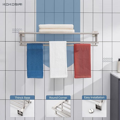 KOKOSIRI Towel Shelf with Double Towel Bars 32 Inches Bathroom Towel Rack Bath Towel Holder Wall Mounted Stainless Steel, Brushed Nickel, B6005BR-L32