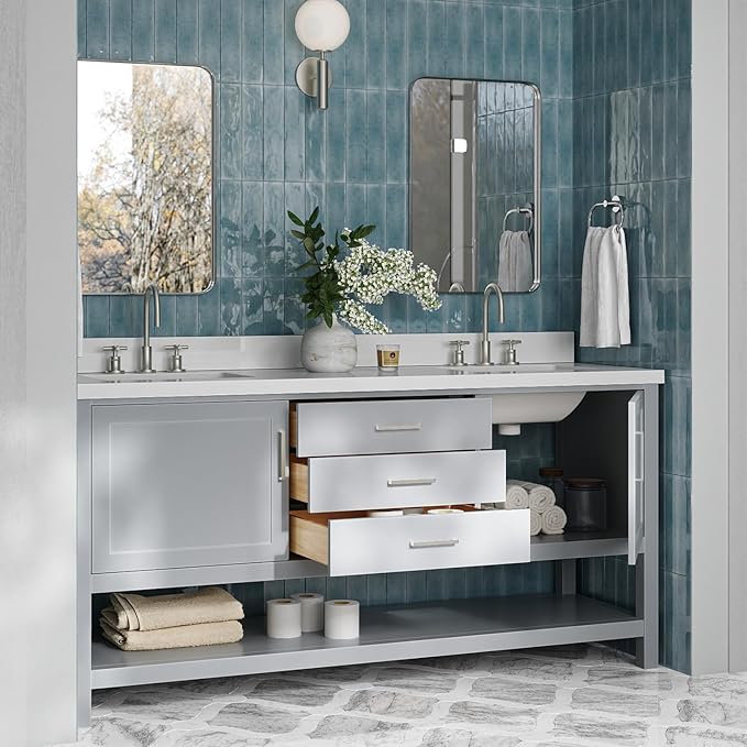 ARIEL Bayhill 72-inch Bathroom Vanity with Sink,Solid Wood, 1.5-inch Pure White Quartz Countertop & Backsplash, Double Rectangular Porcelain Sink, 2 Soft Closing Doors, 3 Dovetail Drawers, Grey