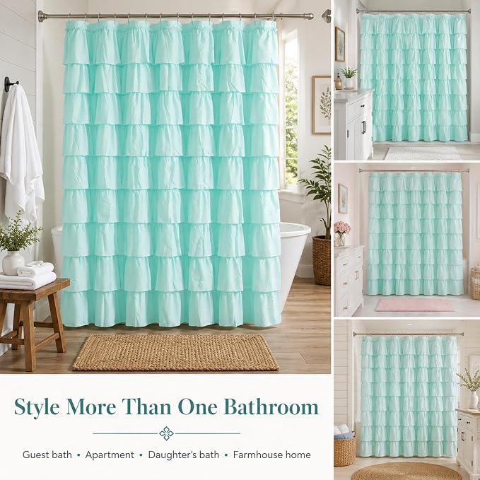 Teal Ruffle Shower Curtain, Elegant Boho Bathroom Decor, Extra Long Textured Fabric, Rustic Farmhouse Style, Chic Girly Aqua Curtains, Privacy & Decorative Design, 72 x 72 inch