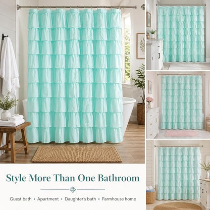 Teal Ruffle Shower Curtain, Elegant Boho Bathroom Decor, Extra Long Textured Fabric, Rustic Farmhouse Style, Chic Girly Aqua Curtains, Privacy & Decorative Design, 72 x 72 inch