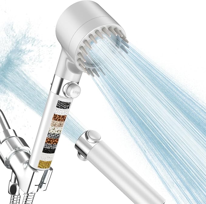 Filtered Shower Head with Handheld,High Pressure Shower Heads with Filters | ON/OFF Switch,4 Spray,Built-in Power Wash,Detachable Showerhead,Silicone Massage Brush,White,Water Softener