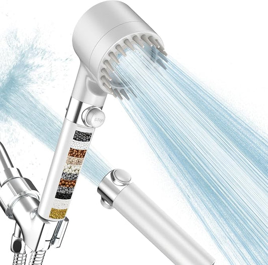 Filtered Shower Head with Handheld,High Pressure Shower Heads with Filters | ON/OFF Switch,4 Spray,Built-in Power Wash,Detachable Showerhead,Silicone Massage Brush,White,Water Softener
