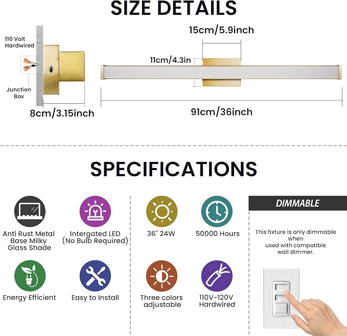 Modern LED Bathroom Vanity Light 36 inch 24W Dimmable 3CCT Bathroom Light Fixture Over Mirror Rectangle Bath Vanity Light Bar with Double Layer Acrylic Shade (Golden)