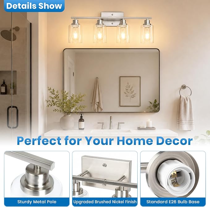 Ascher 4 Light Bathroom Light Fixture, Brushed Nickel Bathroom Lighting Fixtures Over Mirror, Vanity Light with Clear Glass Shade, Wall Sconce for Living Room Bedroom Cabinet, E26 Base