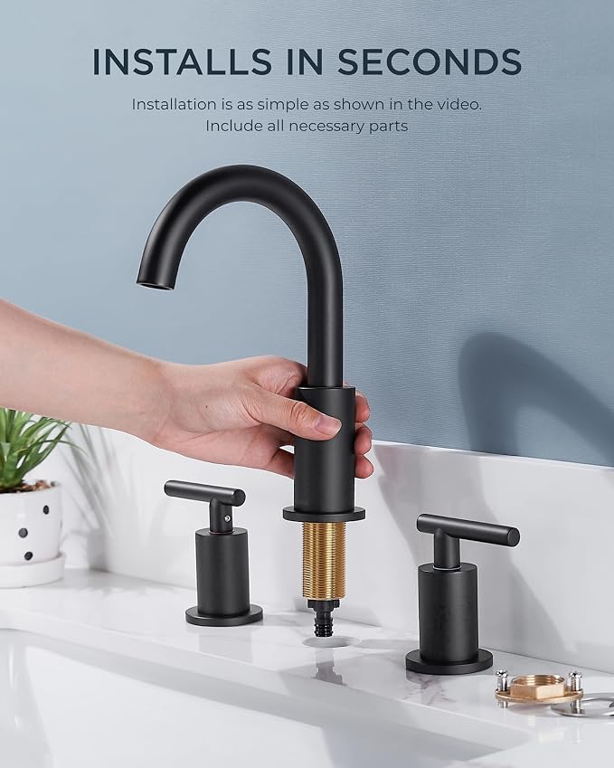 FORIOUS Widespread Black Bathroom Faucets 3 Hole, Matte Black Vanity Faucet | 2 Handle Black Vanity Faucet 3 Holes, 8 Inch bathroom Sink Faucet Black with 360° Rotating Spout, Pop Drain and Supply Line