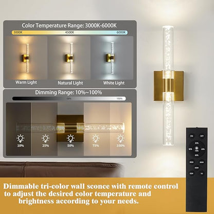 Battery Operated Wall Sconce Set of Two, Rechargeable Modern Crystal Bathroom Sconces, 3000K-6000K Dimmable Gold LED Wireless Wall Lights for Vanity Bedroom Living Room Hallway