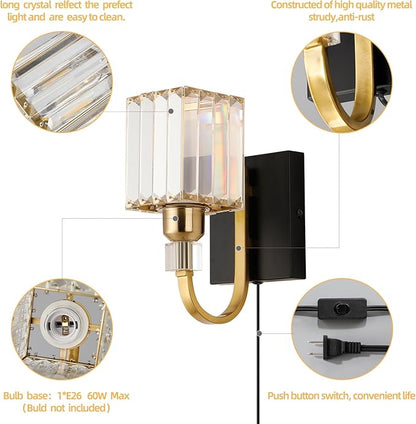 Modern Crystal Wall Sconce with Plug，Black Gold Wall Mounted Light Fixture, Plug-in Vanity Light with On/Off Switch for Bathroom Mirror, Makeup Area, Bedroom Decor