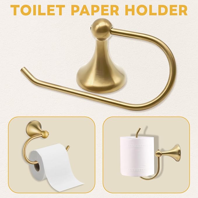 Brushed Gold Bathroom Hardware Set Wall Mounted Gold Accessories Set 4 Pieces Bathroom Hardware Set, 23.6 inch Towel Bar | Towel Hook | Toilet Paper Holder | Hand Towel Holder