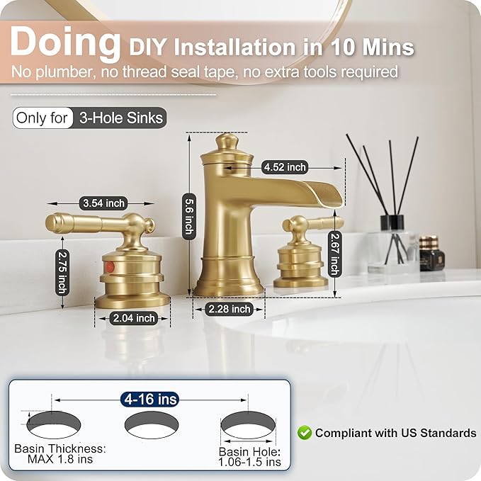 Gold Bathroom Faucet Waterfall, Brass 4-16 Inch Bathroom Faucets 3 Hole, Widespread 2 Handles with Pre-installed Water Hose & Pop-Up Drain for Vintage Vanity Washroom, 10 Mins Quick Installation