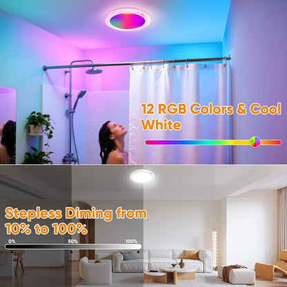 Rechargeable Motion Sensor Ceiling Light, Battery Closet Light 12 RGB Color | Wireless Battery Powered LED Shower Light, Magnetic Cordless Ceiling Light with Remote, Overhead Lamp for Pantry Shed Hallway