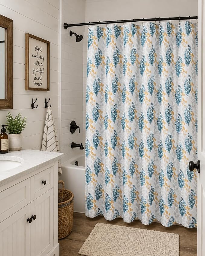 Serafina Home Hotel Quality Fabric Bathroom Shower Curtain: Floral Leaf Damask - Blue, Teal, Yellow, Grey and White (72 x 70 inches)