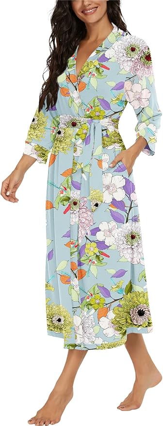 VINTATRE Women Kimono Robes Long Knit Bathrobe Lightweight Soft Knit Sleepwear V-neck Casual Ladies Loungewear