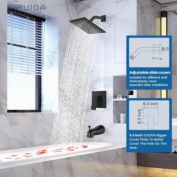 Airuida 8 Inch Shower Faucet Set,Bathtub Faucet Kit,Matte Black | Shower Tub Faucet Set,Male Threads Rough-In Valve,Square Head Shower System