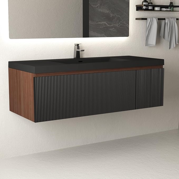 48 Inch Floating Bathroom Vanity with Sink, Wall Mounted Striped Storage Cabinet, Soft Close Drawer, Black Quartz Sand Basin, Fully Assembled, Smoked Walnut Finish