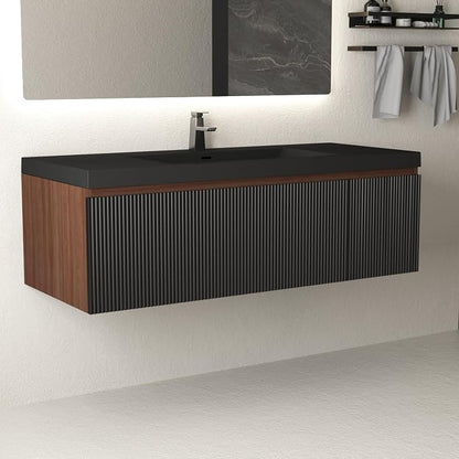 48 Inch Floating Bathroom Vanity with Sink, Wall Mounted Striped Storage Cabinet, Soft Close Drawer, Black Quartz Sand Basin, Fully Assembled, Smoked Walnut Finish