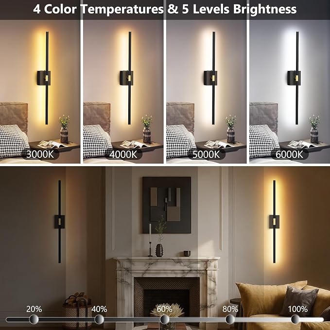 Eneru Battery Operated Wall Sconce, Rechargeable Wireless Light 1 Pack 4CCT | 10000mAh Battery Powered, Touch and Remote Control, Dimmable Wall Lamps for Indoor Living Room Hallway Picture Bedroom Black