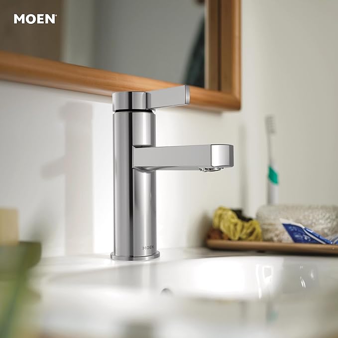 Moen Beric Chrome Modern One-Handle Single Hole Bathroom Faucet with Drain Assembly and Optional Deckplate for your Bath Sink, 84774