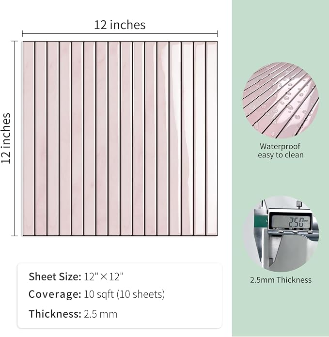 10-Sheet Upgraded Thick Peel and Stick Kitchen Backsplash Tiles | Waterproof Premium Self-Adhesive Wall Tile Stick on Backsplash for Kitchen,Bathroom and Fireplace(Pink,12"×12")
