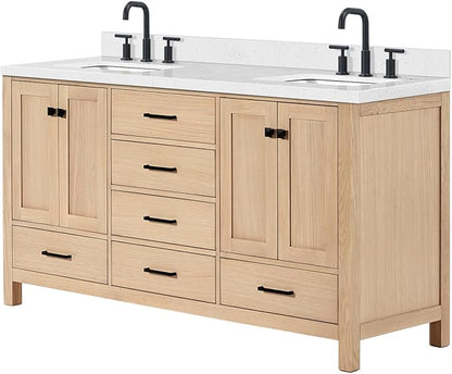 ARIEL Cambridge 66-inch Bathroom Vanity with Sink,Solid Wood, 1.5-inch Carrara White Quartz Countertop, Double Rectangular Porcelain Sink, 4 Soft Closing Doors, 6 Dovetail Drawers, White Oak