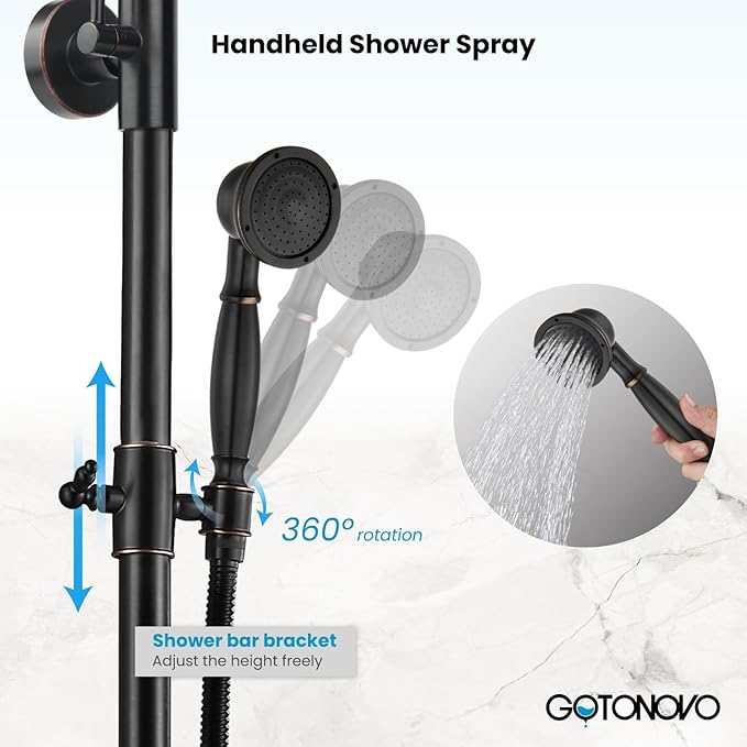 gotonovo Exposed Bathroom Shower Faucet Wall Mounted Shower System 8 Inch Shower Head and Tub Spout Double Cross Handles Adjustable Handheld Sprayer Straight Pipe Oil Rubbed Bronze