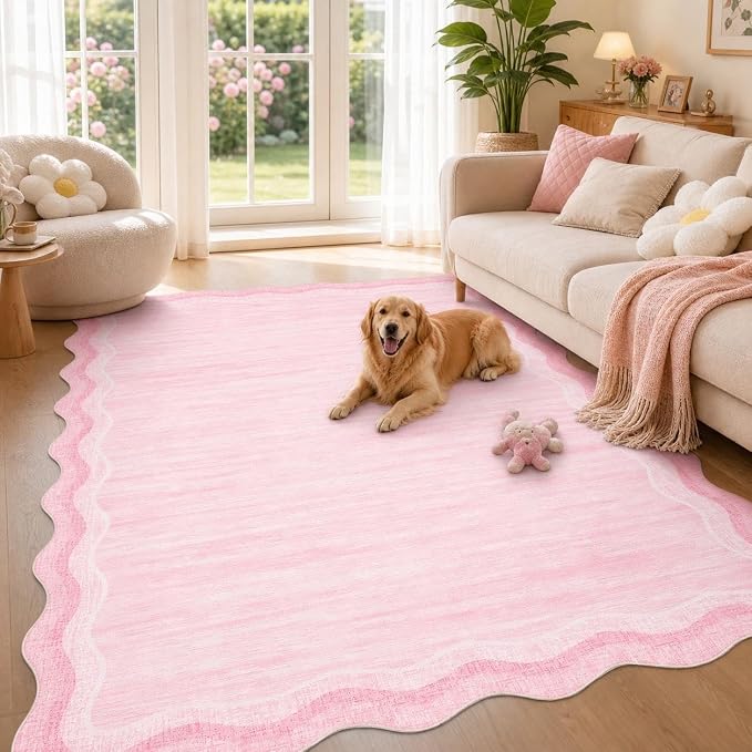 Garvee Pink Scalloped 8x10 Rugs Washable Area Rugs for Living Room | Rugs for Living Room, Non-Slip Soft Carpet for Bedroom, Scalloped Low-Pile Solid Rug Accent Rug for Dining Room Home Office