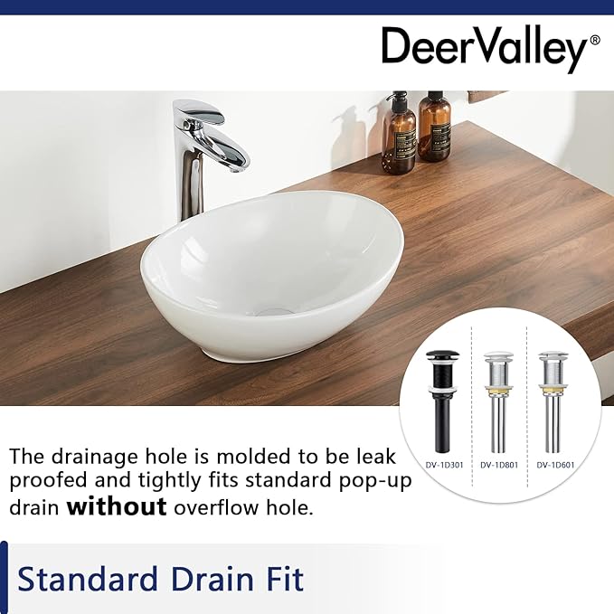 DeerValley Bathroom Vessel Sink, 16" x 13" Oval White Ceramic Vessel Sink, Modern Egg Shape Above Counter Bathroom Vanity Bowl, Porcelain Bathroom Vessel Vanity Sink Art Basin, DV-1V051