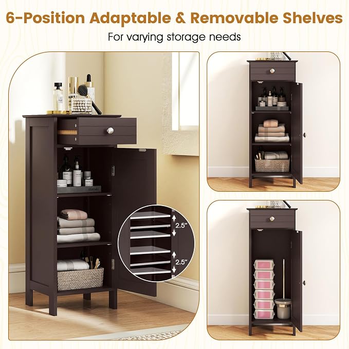 Giantex 34.5" Bathroom Cabinet with Drawer & Single Door (Brown) | Narrow Side Storage Organizer with 6 Shelf Positions, Freestanding Floor Storage Cabinet for Bathroom, Living Room, Entryway