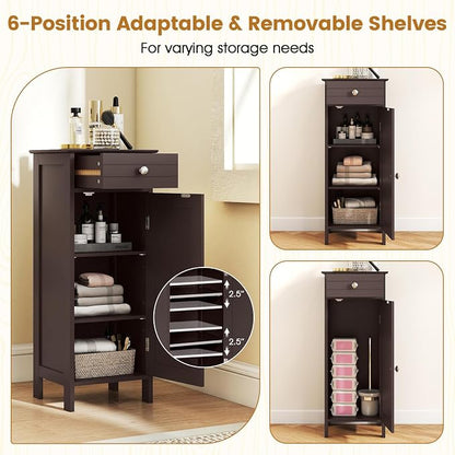 Giantex 34.5" Bathroom Cabinet with Drawer & Single Door (Brown) | Narrow Side Storage Organizer with 6 Shelf Positions, Freestanding Floor Storage Cabinet for Bathroom, Living Room, Entryway